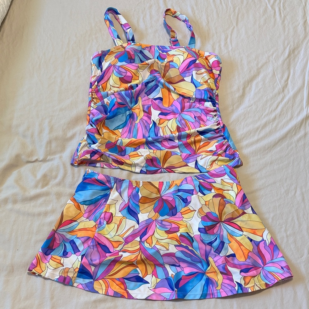 New Tankini Swim Set Colorful Floral Tank Top and Skirt